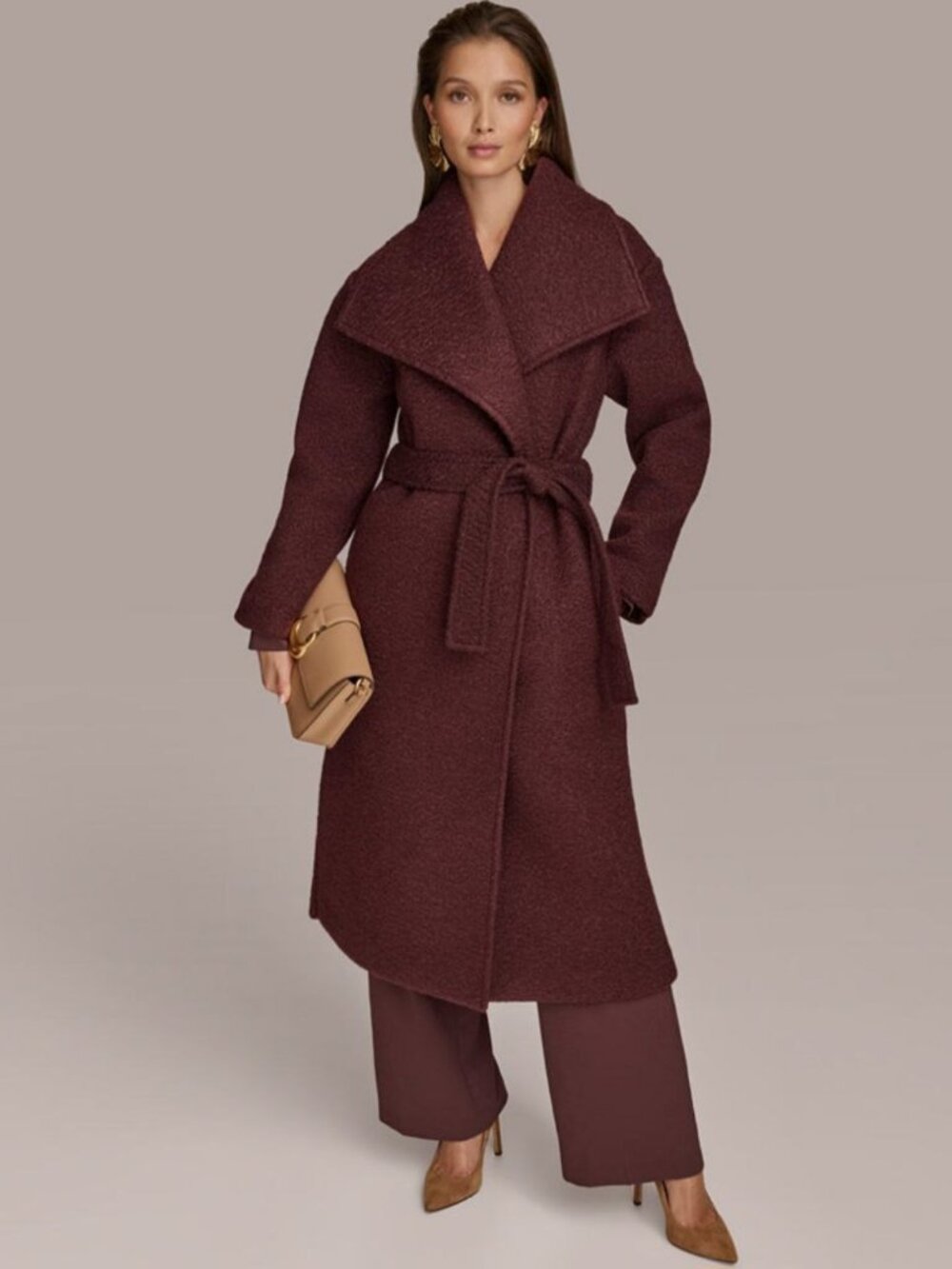 NWOT Donna Karan Women’s Long Belted Wool Wrap Coat Dark Plum/Burgundy Size XL